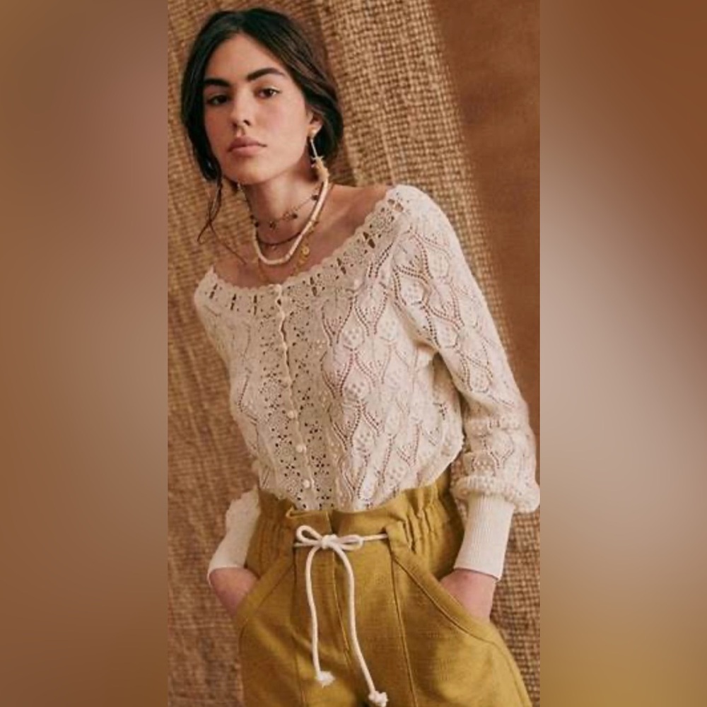 La Maille Sezane NWT Anika Cream off the shoulder lace sweater